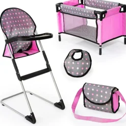 Sale Doll's High Chair and Travel Bed Set - Polka Dots Dolls